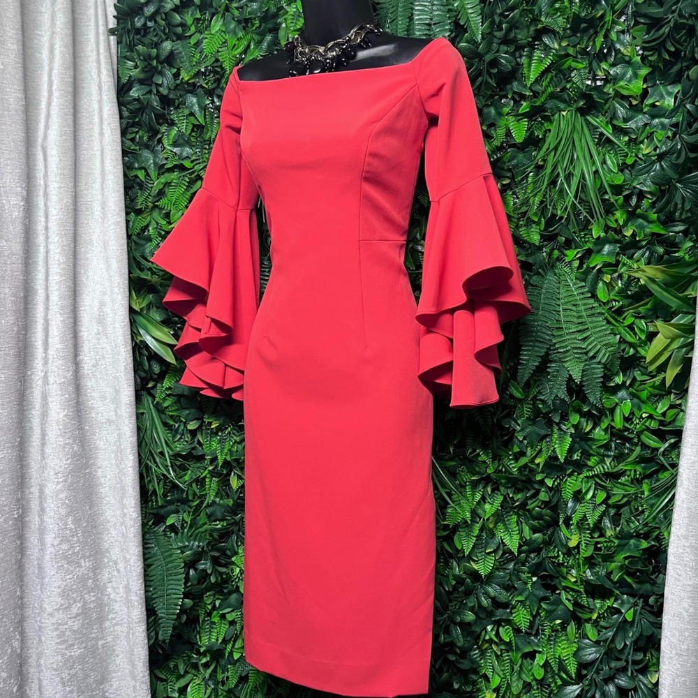 Milly Dress Size 2 Orange Red Off Shoulder Ruffle Bell Sleeve Sheath Midi 4210